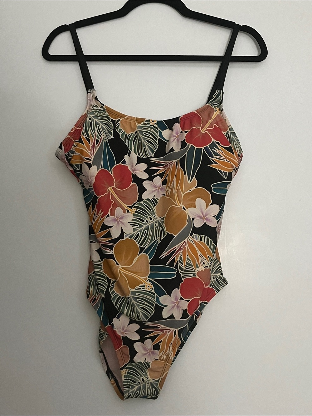Hurley Black Tropical Floral One-Piece Swimsuit with Red and Mustard Accents